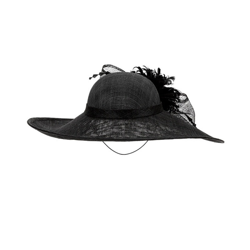 Wide Brim Top Hat with Feather Flower and Lace