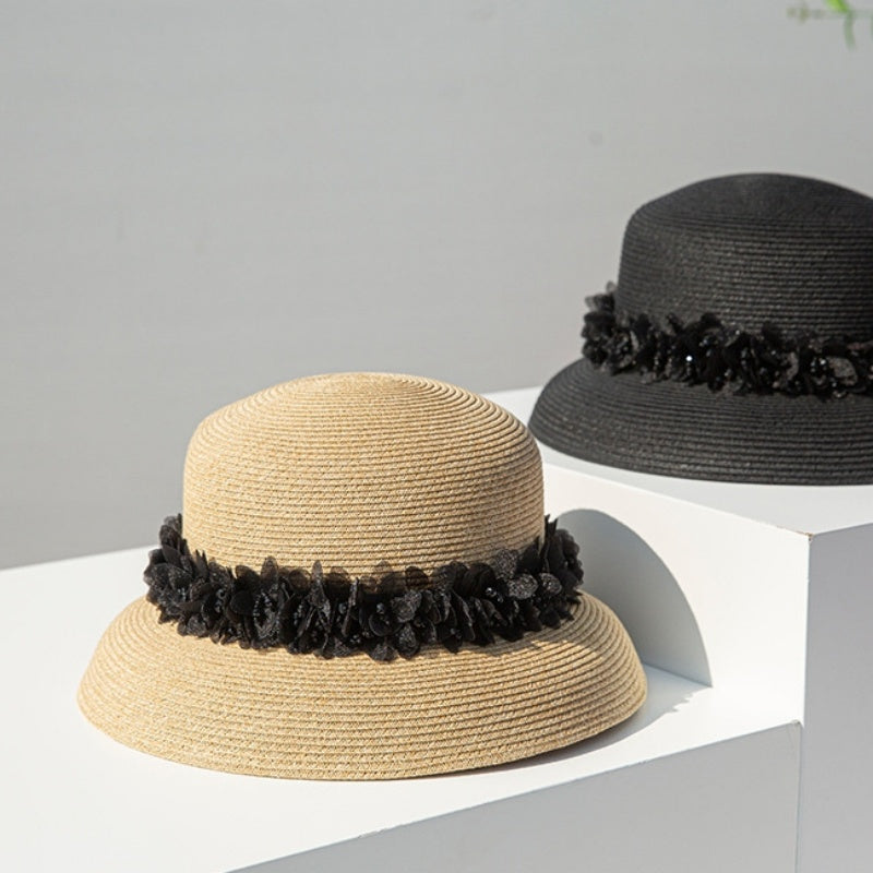 Straw Hat with Mesh Petal Decorative Strips