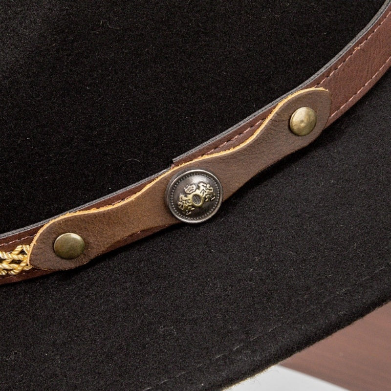 Felt Cowboy Hat with Interwoven Thread Spliced Copper Buckle Leather Strap