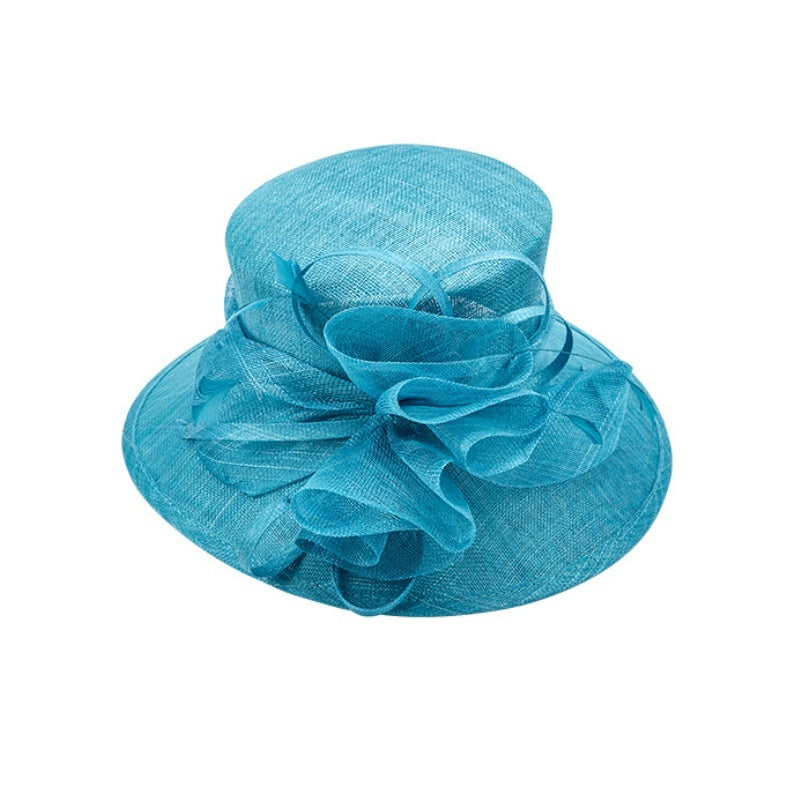 Water Blue Linen Yarn Top Hat with Floral Decoration