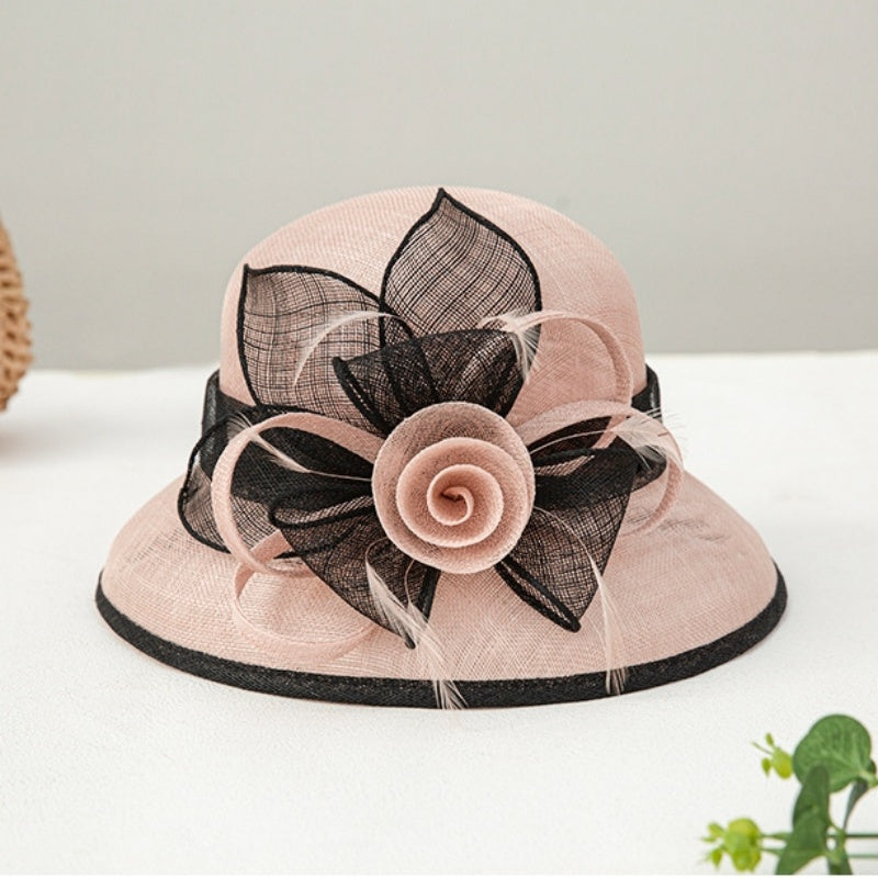 Multicolored Top Hat Rolled Edge with Handmade Linen Yarn Flowers