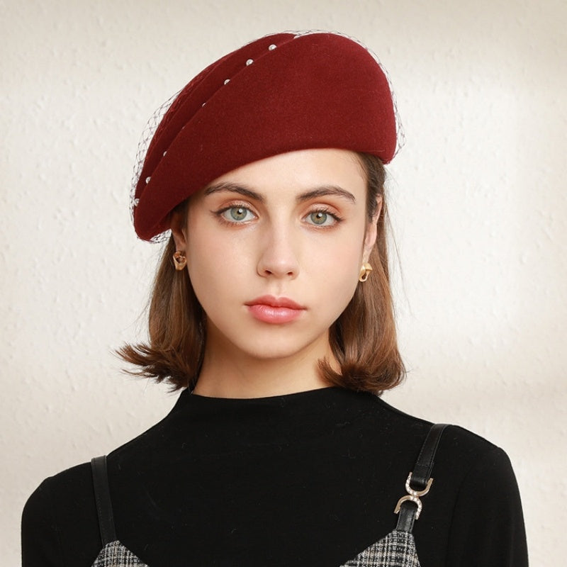 Felt Beret with Pearl and Lace