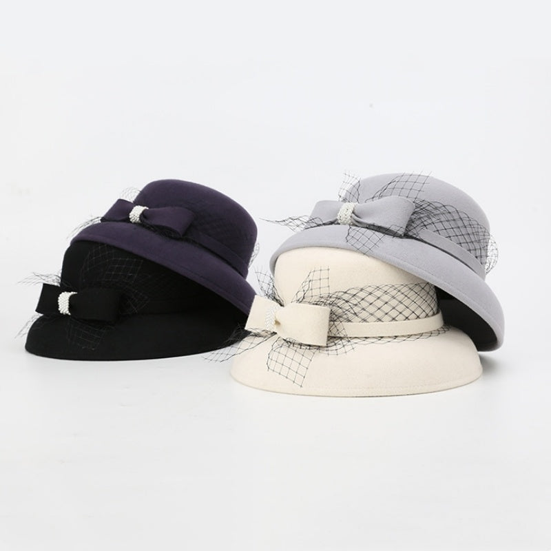 Felt Top Hat Rolled Edge with Net Gauze Pearl Bow