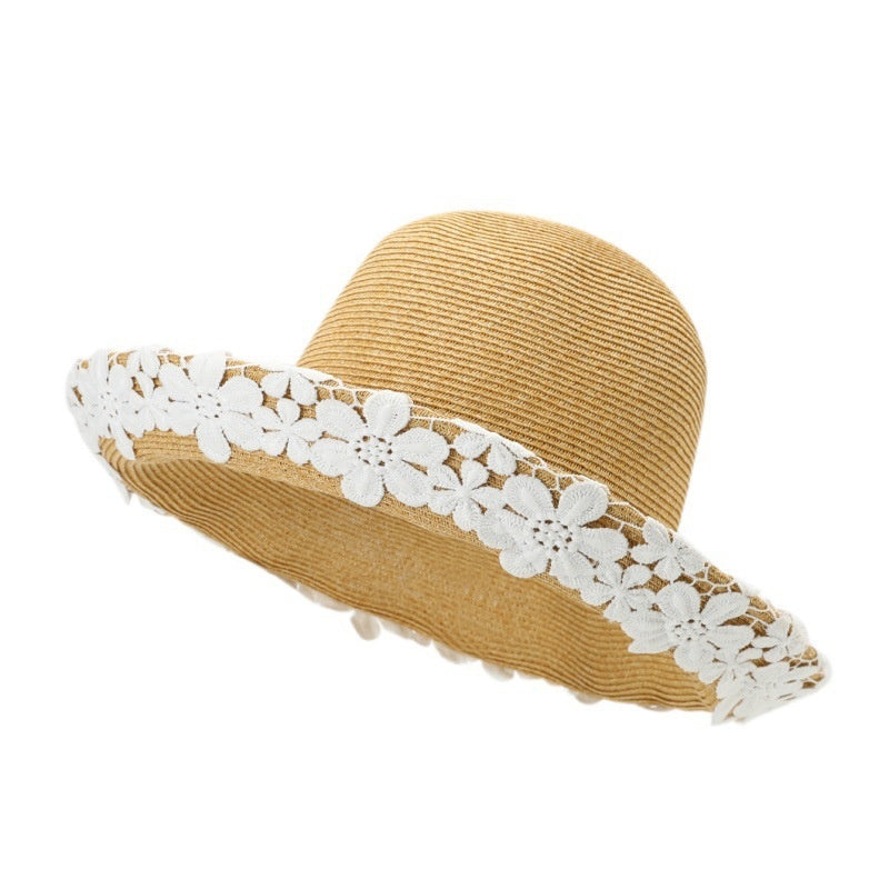 Straw Hat with Floral Lace Embroidery