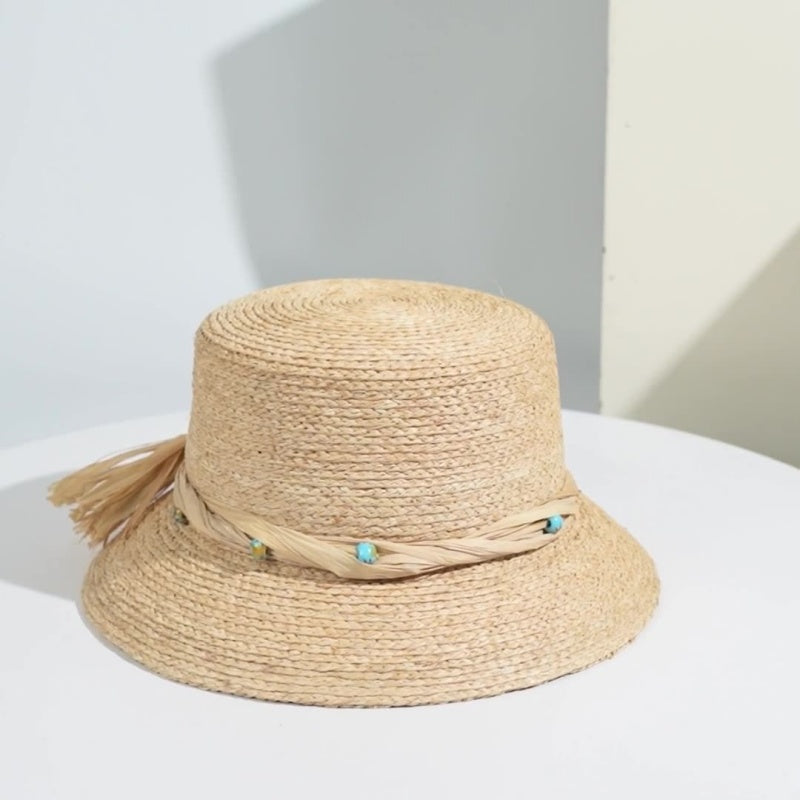 Sun Hat Straw Hat with String Beads and Bow