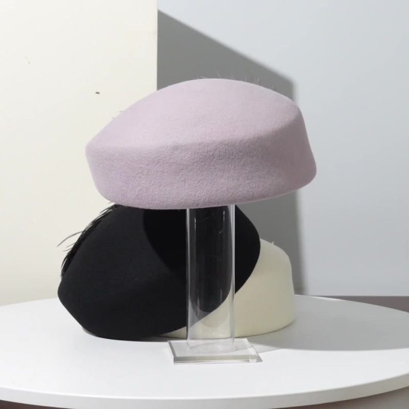 Felt Pillbox Hat with Crystal and Feather Decorations