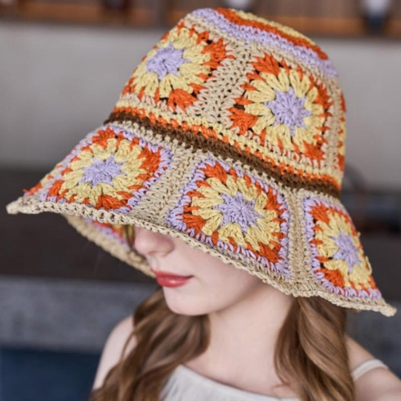 Straw Bucket Hat with Colorful Patterns