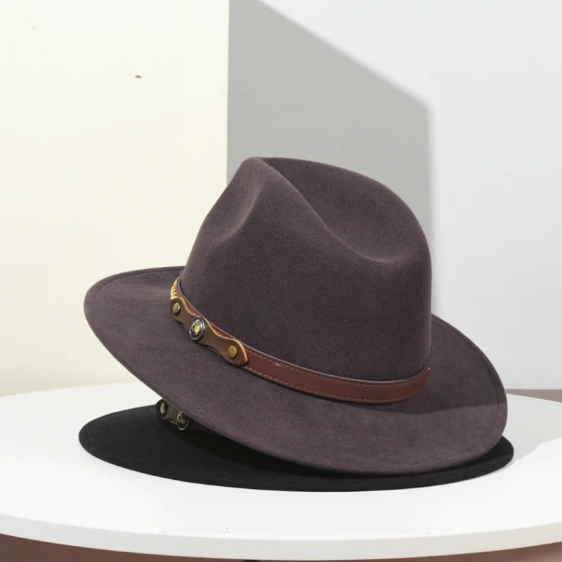 Felt Cowboy Hat with Interwoven Thread Spliced Copper Buckle Leather Strap