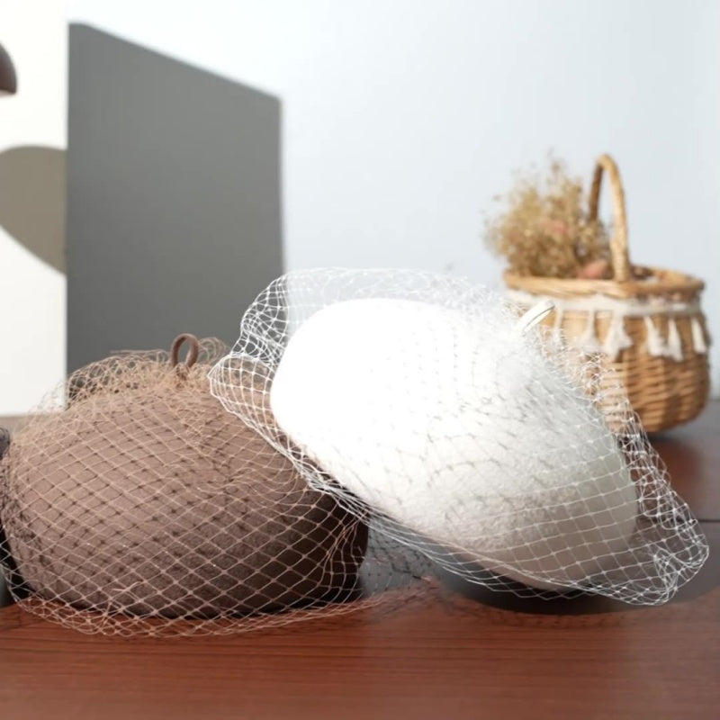 Felt Beret with Grid Veil
