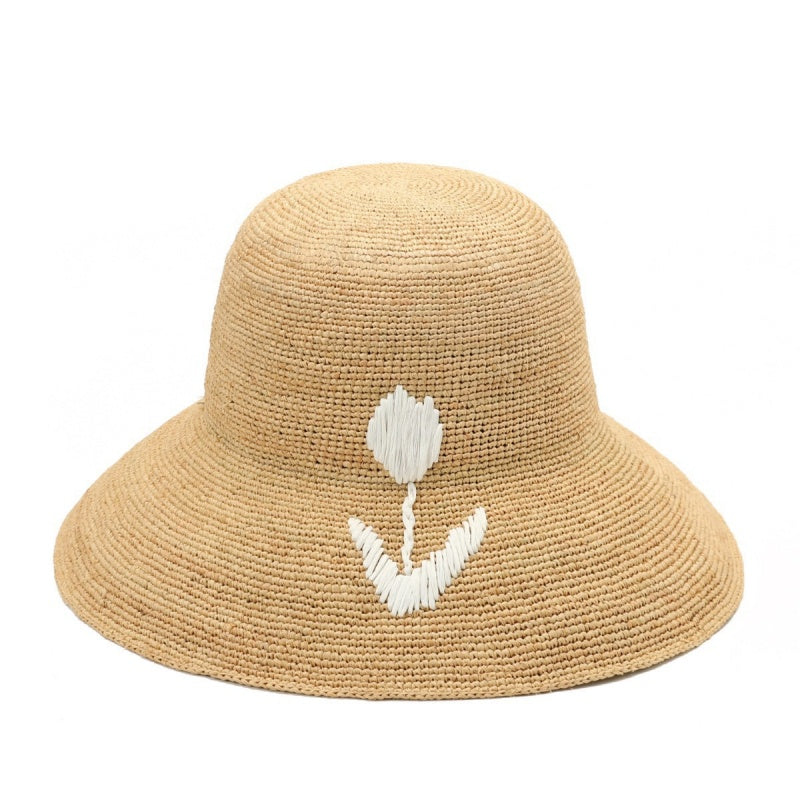 Straw Hat with Tulip Embroidery