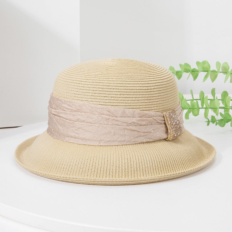Rolled Edge Sun Hat with Linen Yarn Webbing and Crystal