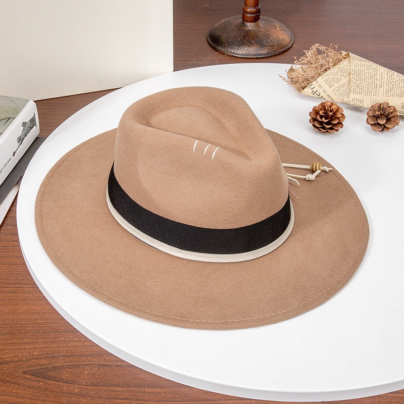 Felt Wide Brim Cowboy Hat with Bow Webbing and Feather