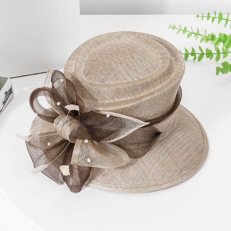 Linen Yarn Top Hat with Floral Decoration and Beads