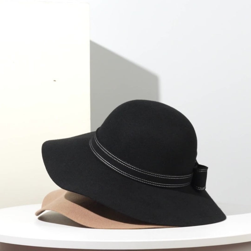 Felt Wide Brim Top Hat with Bow Webbing Decoration