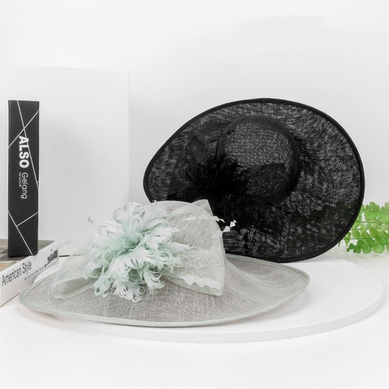 Wide Brim Top Hat with Feather Flower and Lace