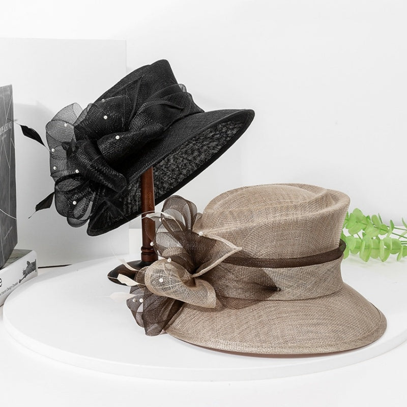 Linen Yarn Top Hat with Floral Decoration and Beads