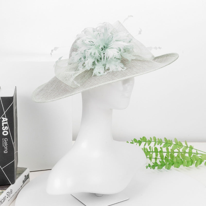 Wide Brim Top Hat with Feather Flower and Lace