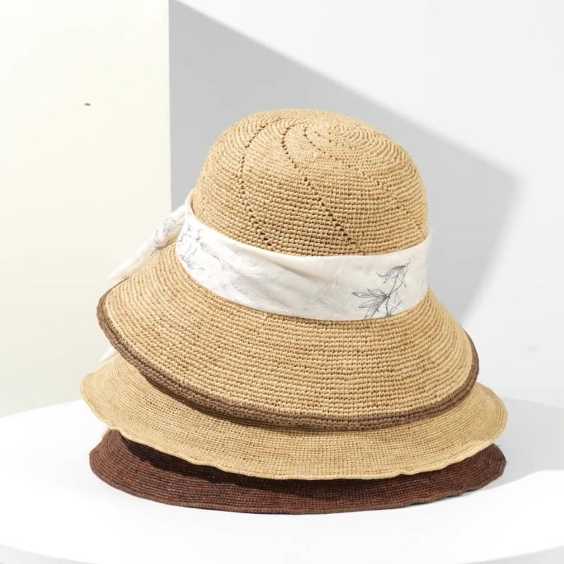 Straw Hat Sun Hat with Printed Bow