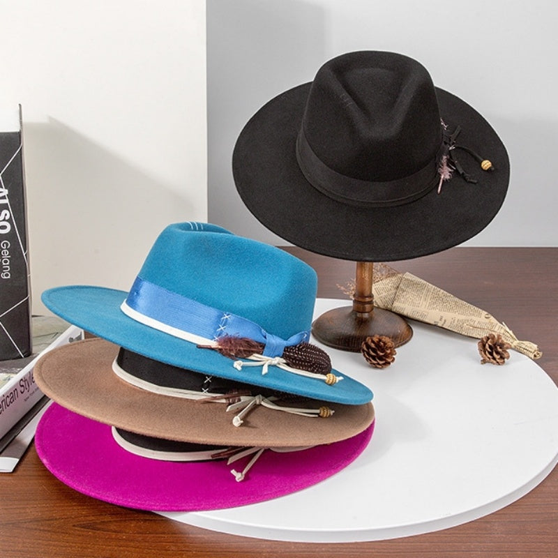 Felt Wide Brim Cowboy Hat with Bow Webbing and Feather