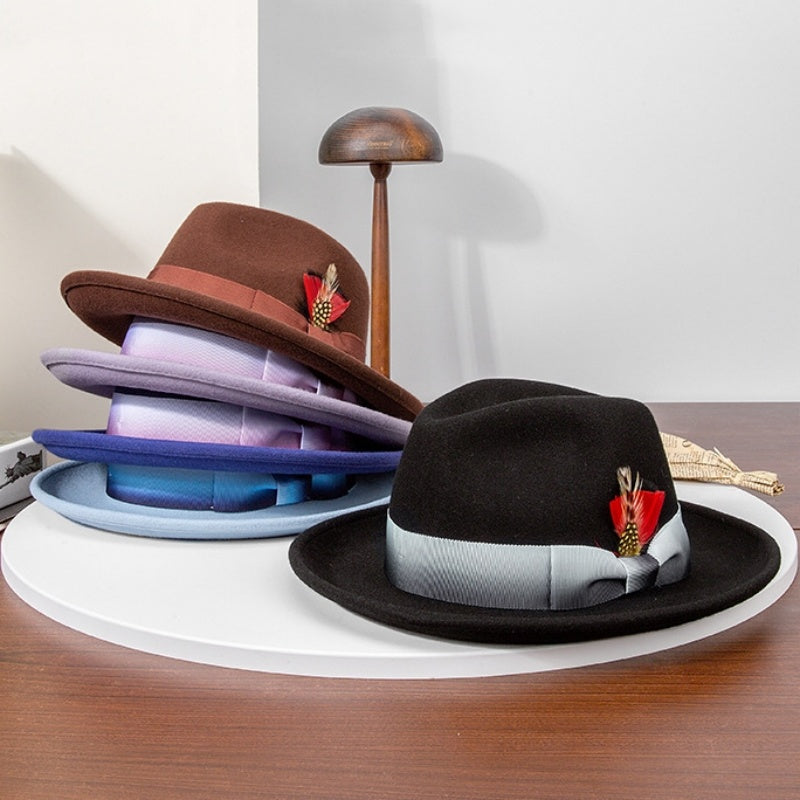 Rolled Edge Felt Top Hat with Feathers and Bow Webbing