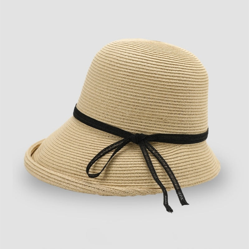 Rolled-up Straw Hat with Bow Decoration