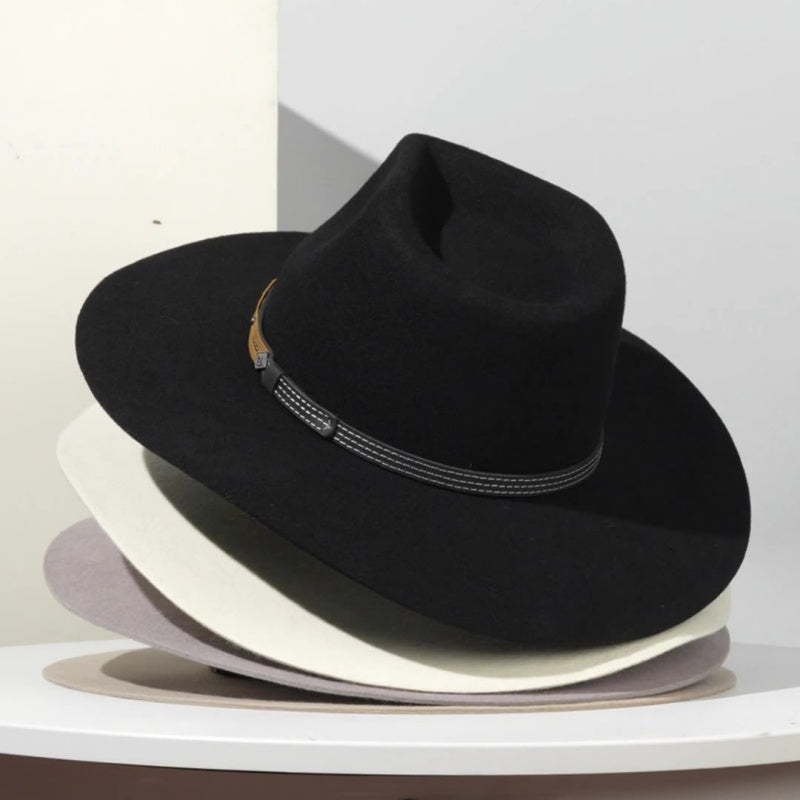 Felt Cowboy Hat with Copper Buckle Leather Strap