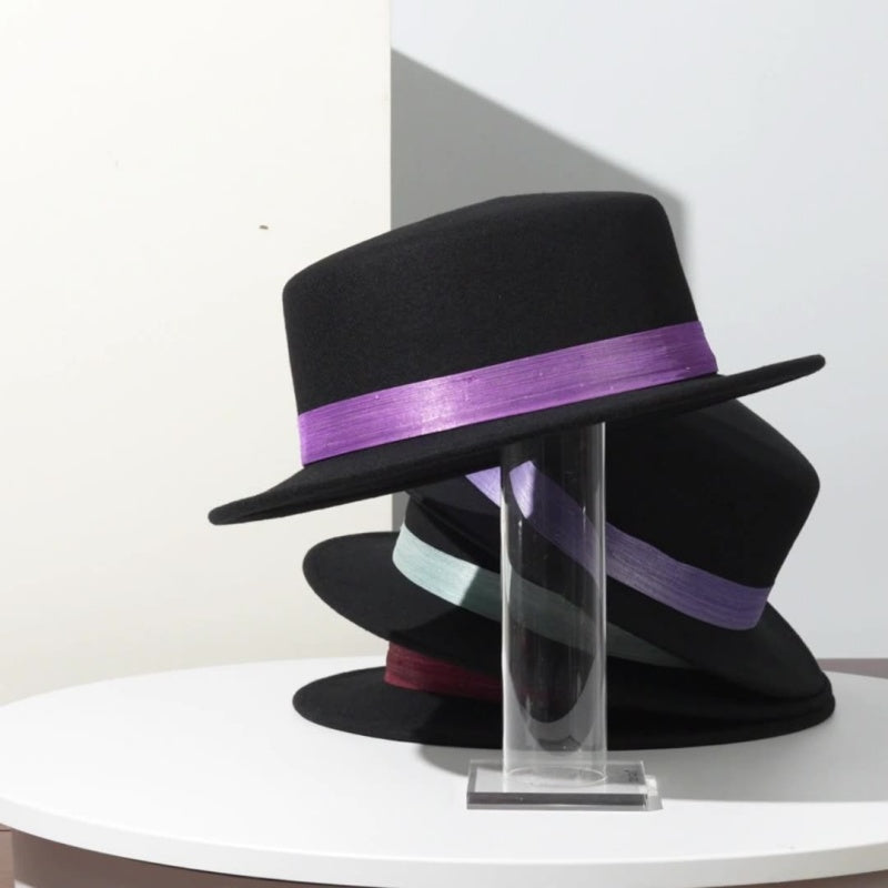 Felt Flat Roof Top Hat with Woven Webbing Decoration