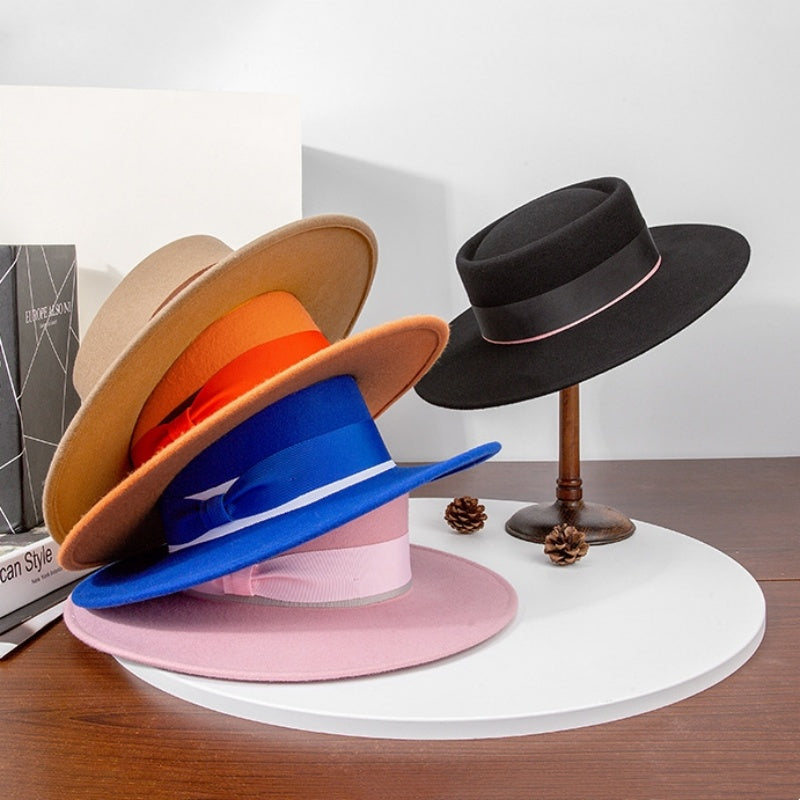 Felt Wide Brim Top Hats with Bow Webbing