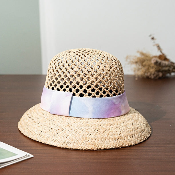 Straw Hollowed-out Sun Hat with Printed Webbing