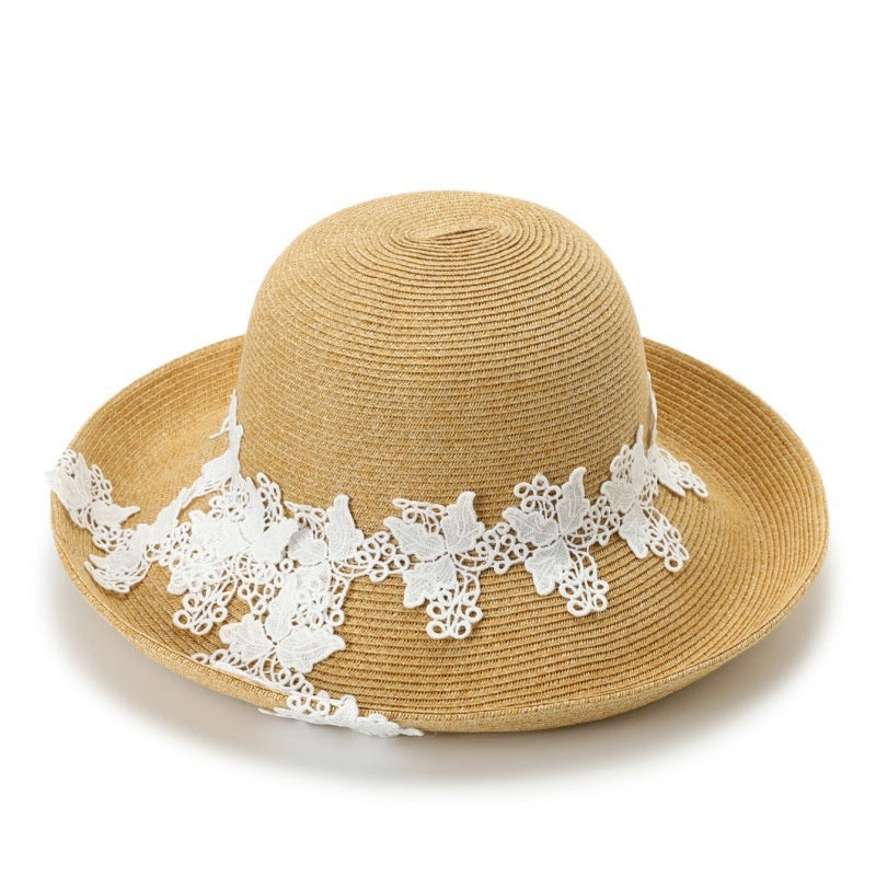 Straw Hat with Floral Lace Embroidery
