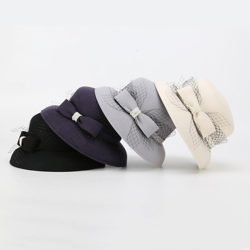 Felt Top Hat Rolled Edge with Net Gauze Pearl Bow