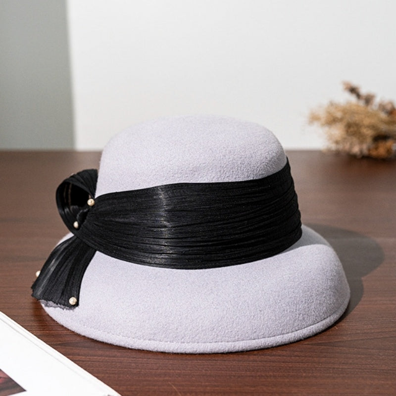 Felt Top Hat with Linen Bow and Pearl