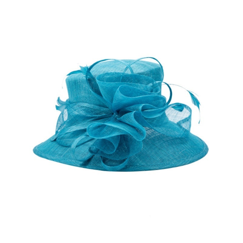 Water Blue Linen Yarn Top Hat with Floral Decoration