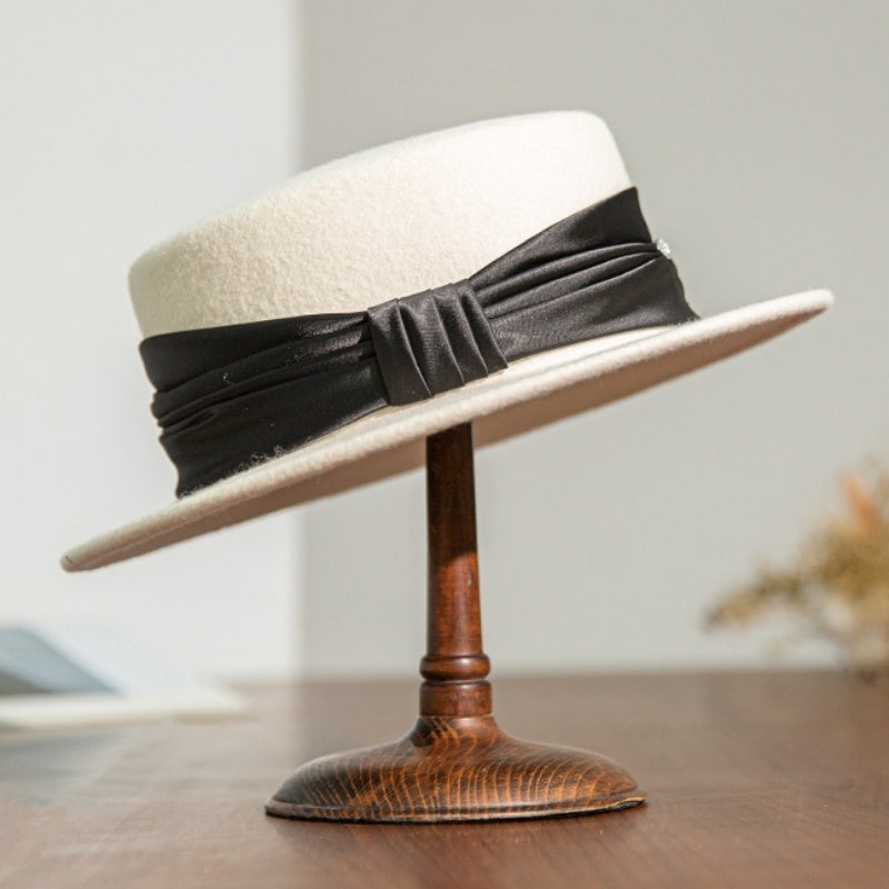 Felt Flat Top Hat with Bow Webbing and Crystal