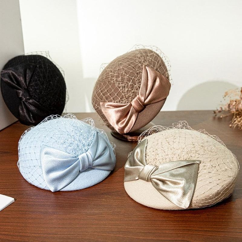 Felt Beret Pillbox Hat with Bow and Lace
