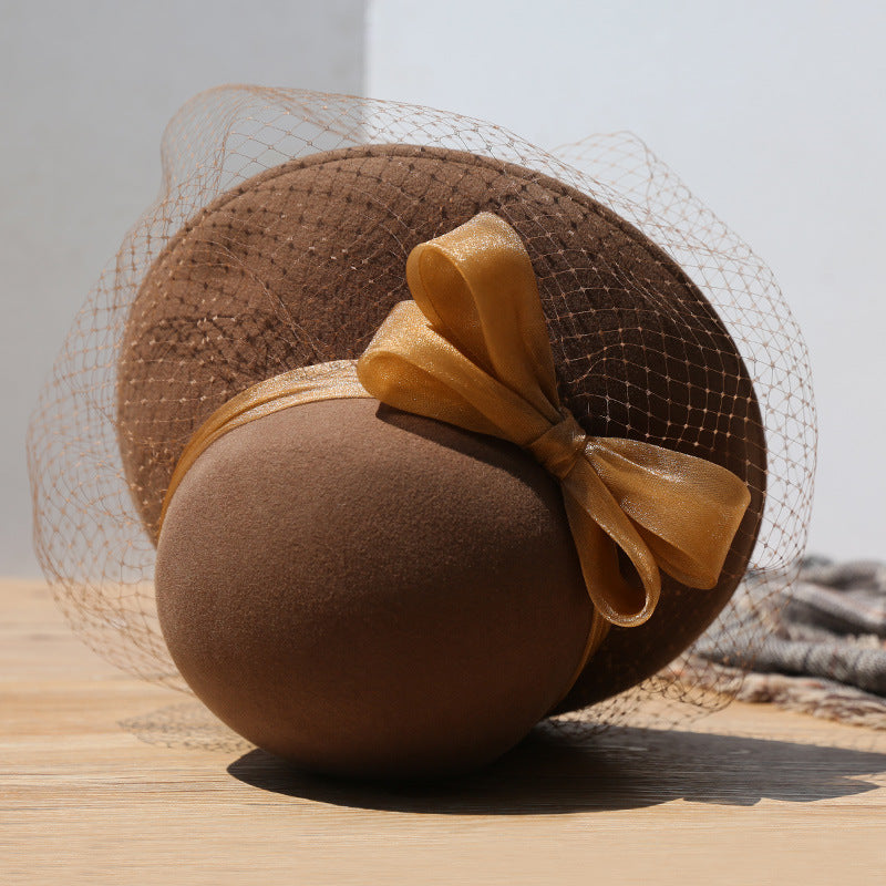 Felt Wide Brim Top Hat with Bow and Veil