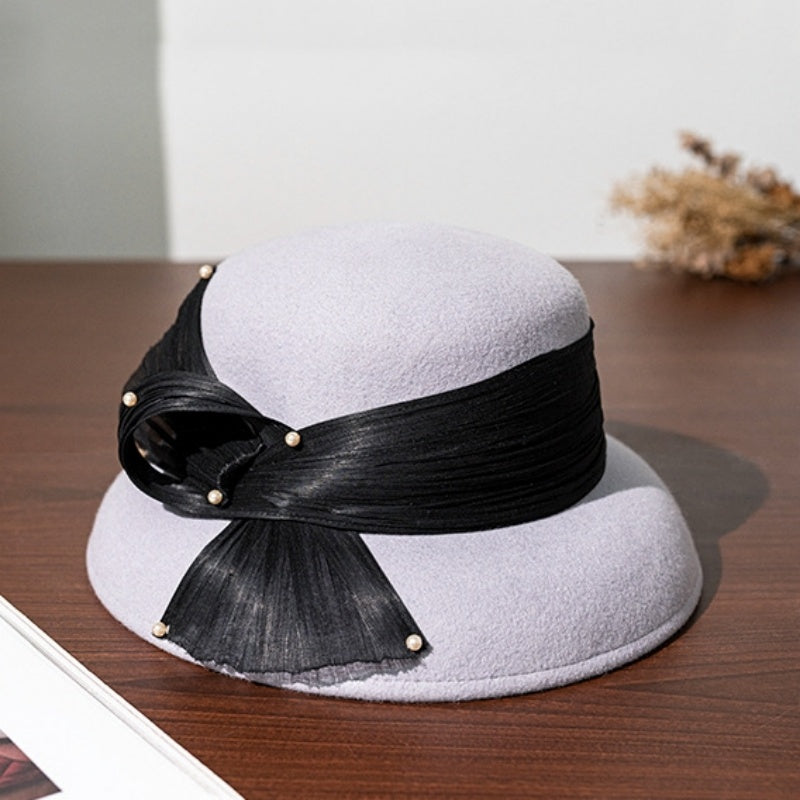 Felt Top Hat with Linen Bow and Pearl