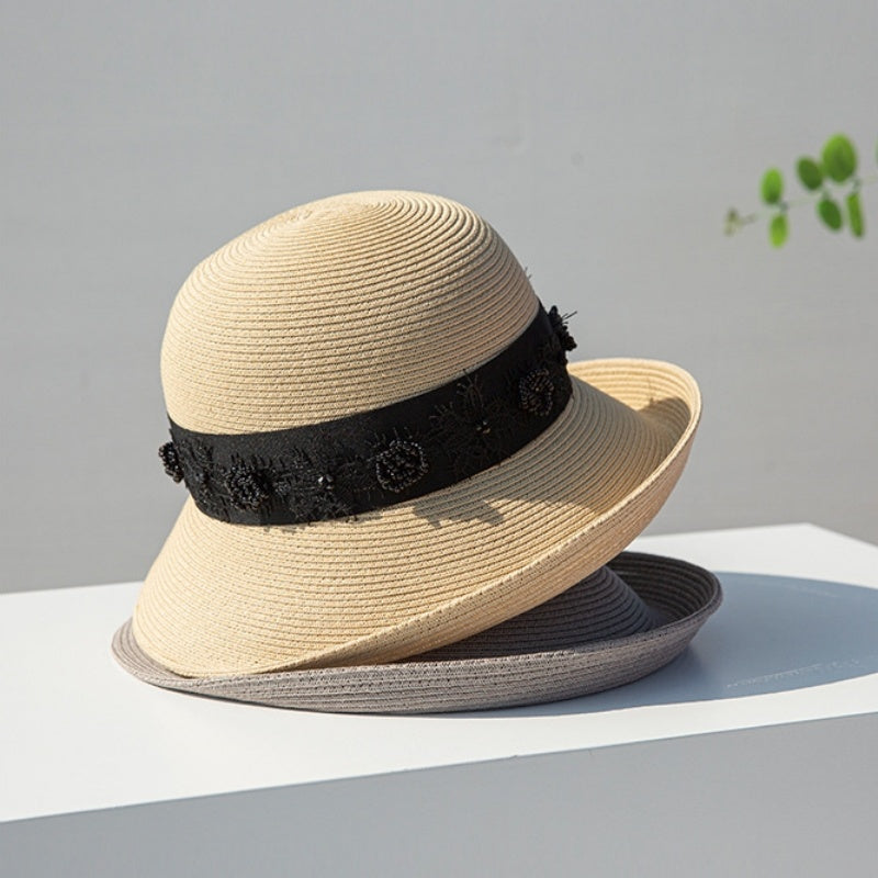 Straw Top Hat with Black Beads and Embroidery