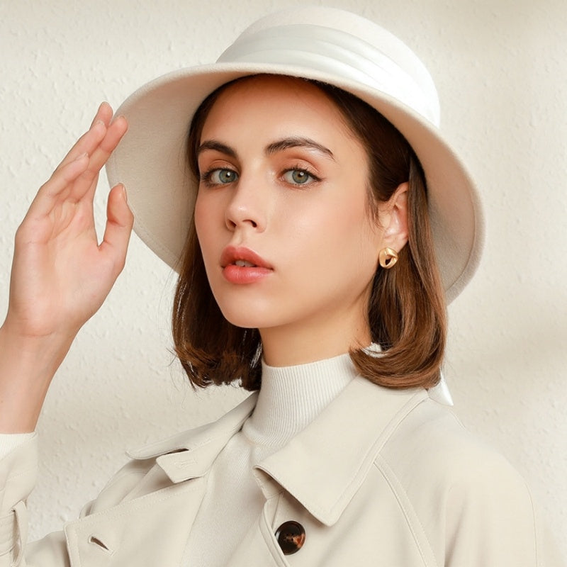 Felt Bucket Hat with Ribbons and Pearls
