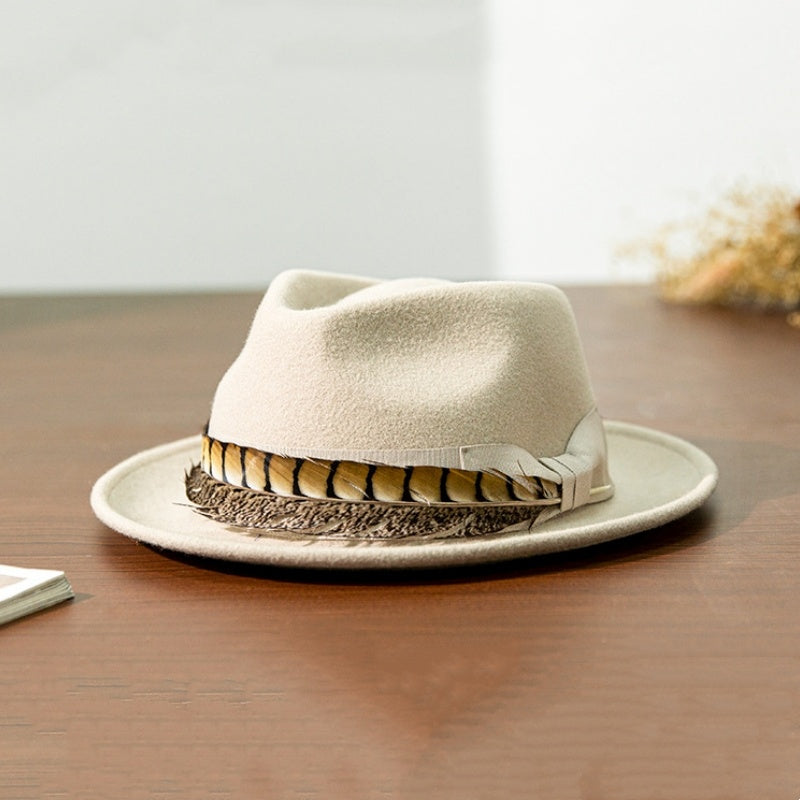 Wide Brim Rolled Edge Top Hat with Feather and Bow Decoration