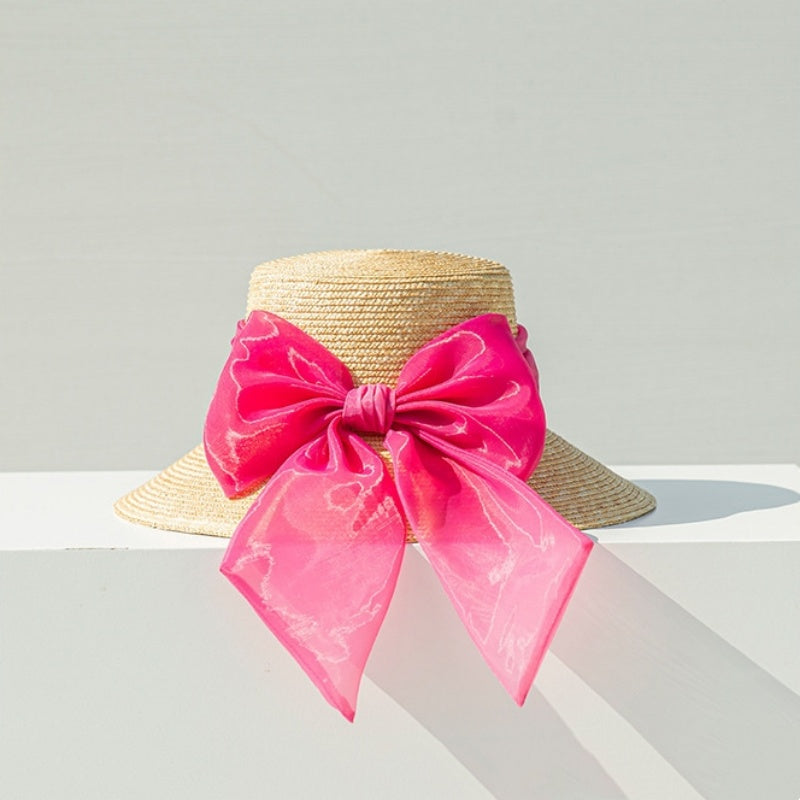 Straw Sun Hat with Pink Big Bow