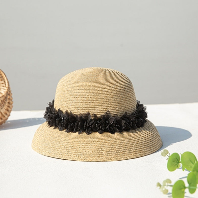 Straw Hat with Mesh Petal Decorative Strips