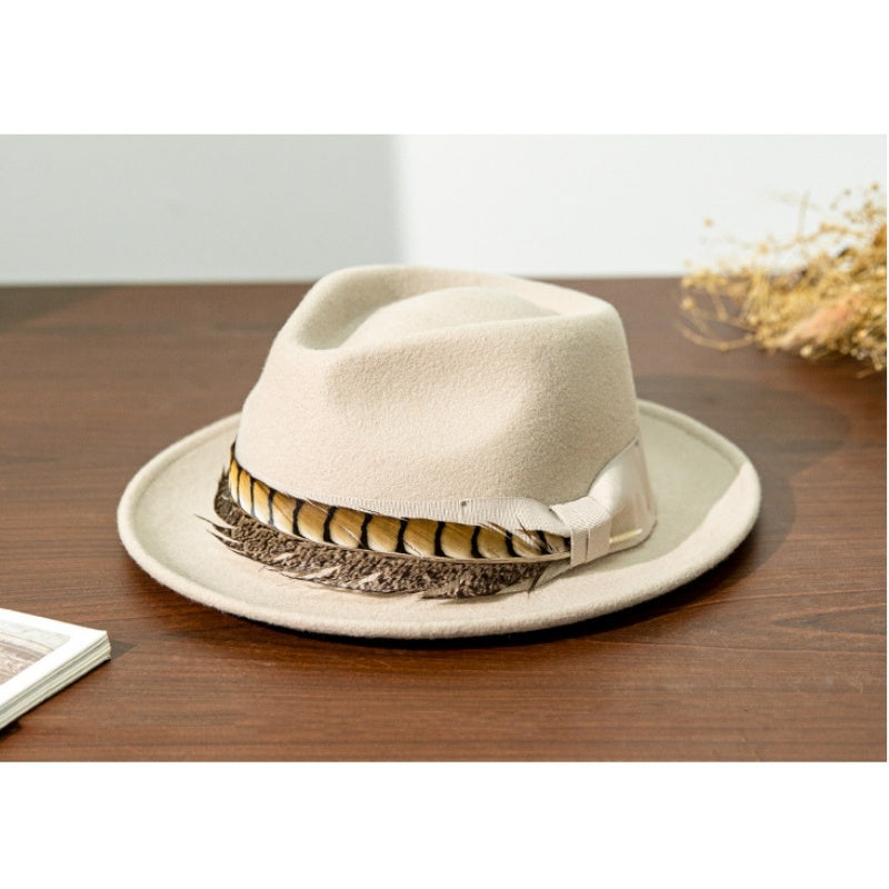 Wide Brim Rolled Edge Top Hat with Feather and Bow Decoration