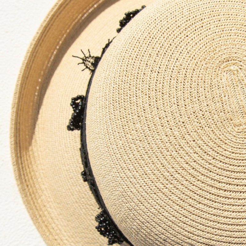 Straw Top Hat with Black Beads and Embroidery