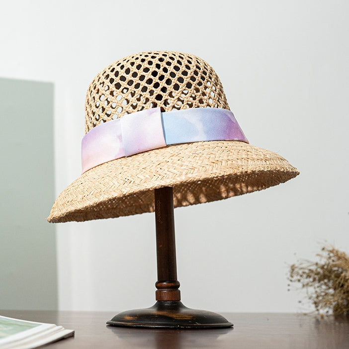 Straw Hollowed-out Sun Hat with Printed Webbing