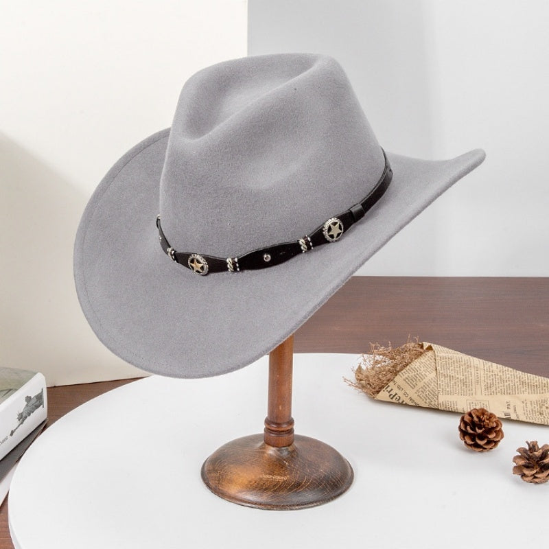 Felt Cowboy Hat with Copper Buckle Leather Strap and Star Decoration