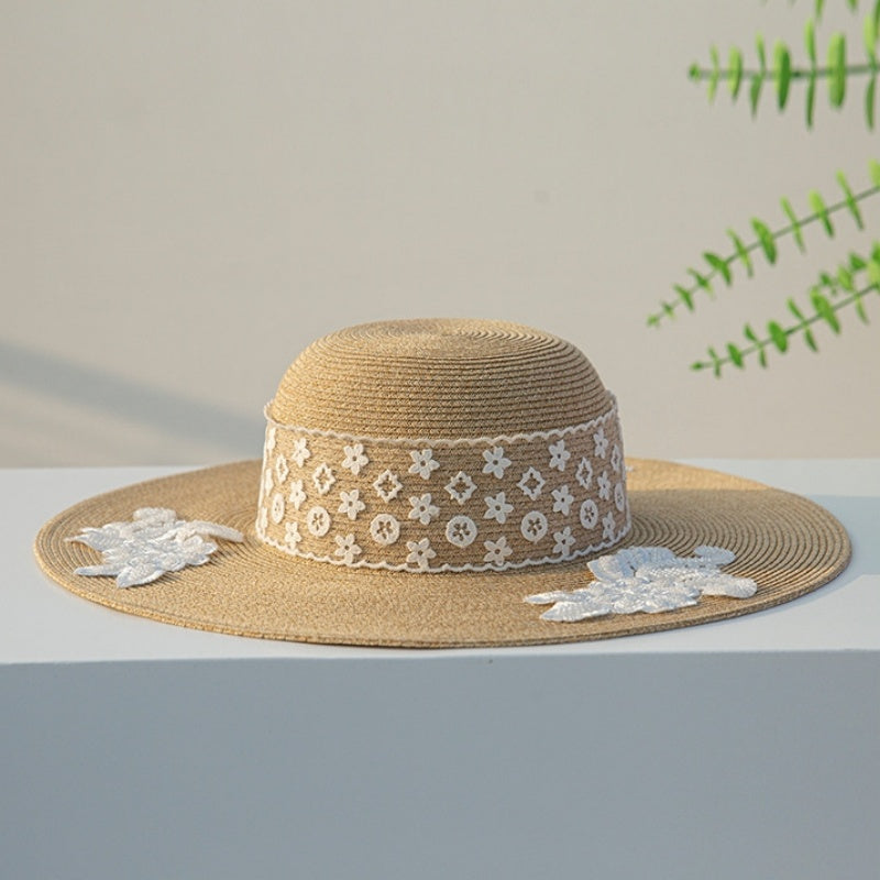 Wide Brim Straw Hat with Lace Decorative Strip and Lace Embroidery Patch