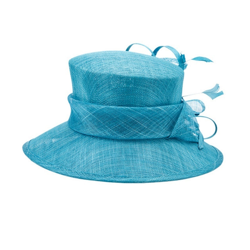 Water Blue Linen Yarn Top Hat with Floral Decoration