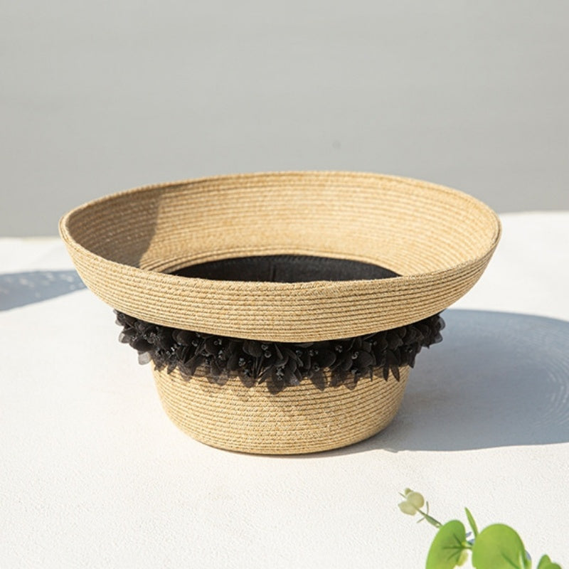 Straw Hat with Mesh Petal Decorative Strips