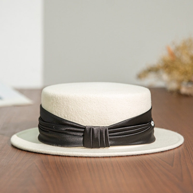 Felt Flat Top Hat with Bow Webbing and Crystal